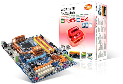 Gigabyte GA-EP35-DS4 motherboard with original packaging.