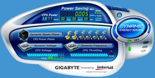 Gigabyte motherboard Dynamic Energy Saver interface.Gigabyte motherboard dynamic energy saver feature dashboard.
