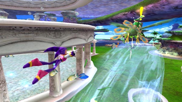 Screenshot of Nights flying in 'Nights: Journey of Dreams' game.Screenshot of NiGHTS flying through dreamlike landscape in game.