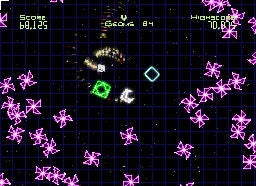 Geometry Wars: Galaxies gameplay screenshot with score displayed.Screenshot of gameplay from Geometry Wars: Galaxies video game.