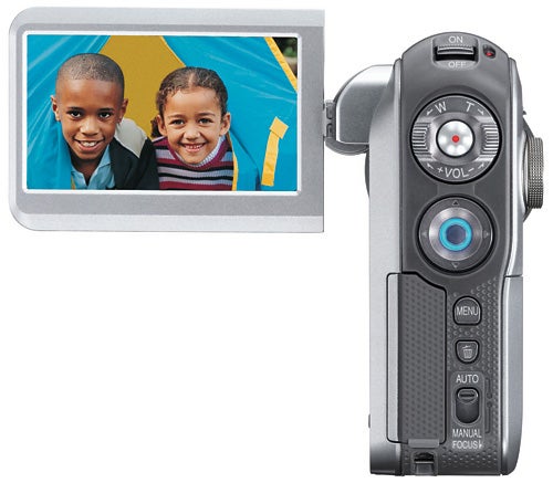 Panasonic SDR-S150 camcorder with LCD displaying two children.