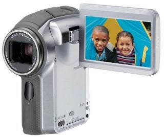 Panasonic SDR-S150 camcorder with flip-out LCD screen displaying kids.