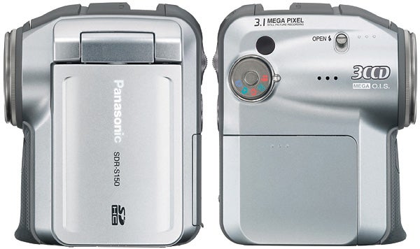 Panasonic SDR-S150 camcorder front and side views.