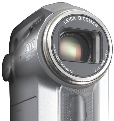 Close-up of Panasonic SDR-S150 camcorder lens and controls.