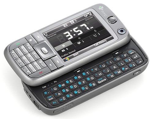 HTC S730 smartphone with sliding QWERTY keyboard open.HTC S730 smartphone with slide-out QWERTY keyboard.