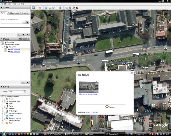 Screenshot of ATP Photofinder GPS tag on Google Earth.Screenshot of GPS photo tagging software with aerial map view.
