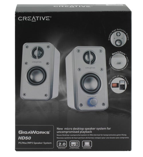 Creative Gigaworks HD50 speakers on retail box.Creative Gigaworks HD50 desktop speakers on product packaging.
