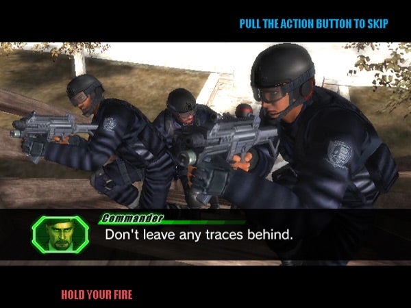 Screenshot of Ghost Squad game with commando characters and dialogue boxScreenshot of Ghost Squad video game action scene.