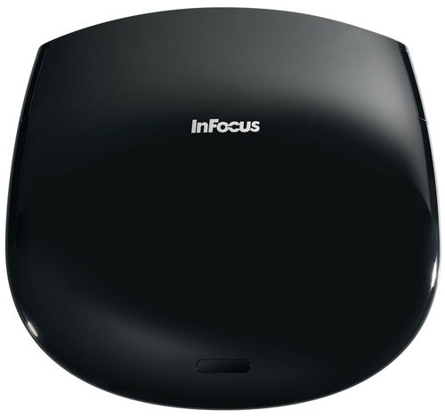 InFocus IN82 DLP Projector sleek black design top view.InFocus IN82 DLP Projector top view with logo