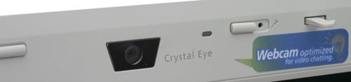 Close-up of Acer Aspire laptop's webcam with Crystal Eye branding.Close-up of Acer Aspire 7720G laptop's Crystal Eye webcam.