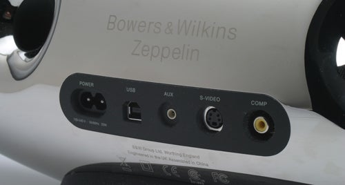 Bowers & Wilkins Zeppelin speaker dock connection ports.Close-up of Bowers & Wilkins Zeppelin speaker dock connections.