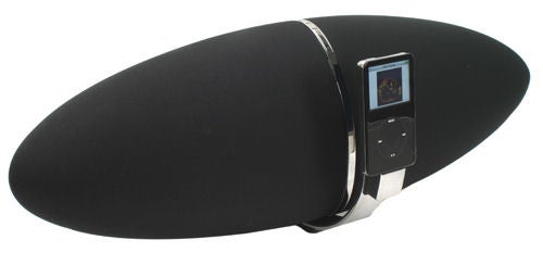 Bowers & Wilkins Zeppelin Speaker with docked iPod.Bowers & Wilkins Zeppelin iPod speaker dock with iPod attached.