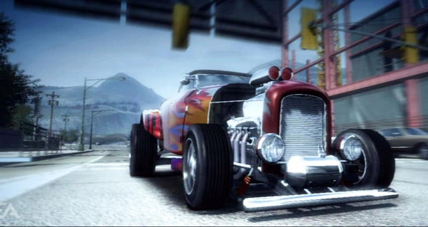 Screenshot of hot rod car from Burnout Paradise game.
