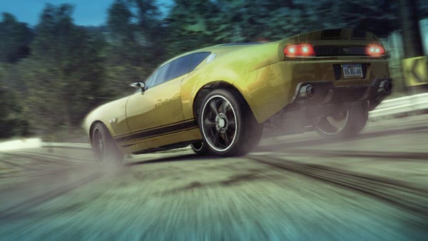 Yellow sports car in action from Burnout: Paradise game.Yellow sports car racing in Burnout: Paradise game.