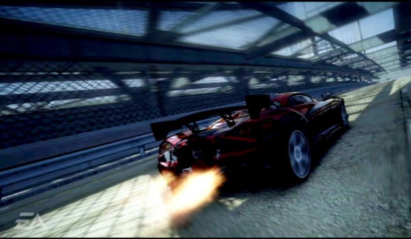Screenshot from Burnout: Paradise video game with a car doing a burnout.Screenshot from Burnout: Paradise game showing a car with boost flames.
