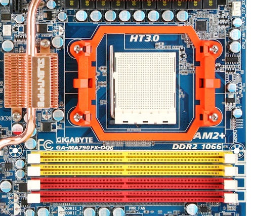 Gigabyte GA-MA790FX-DQ6 motherboard close-up view.