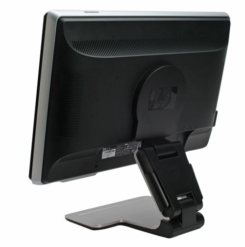 HP w2408h monitor showing the back and adjustable stand.HP w2408h monitor viewed from the back with adjustable stand.