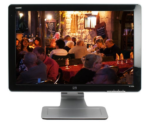 HP w2408h monitor displaying a vibrant indoor scene.