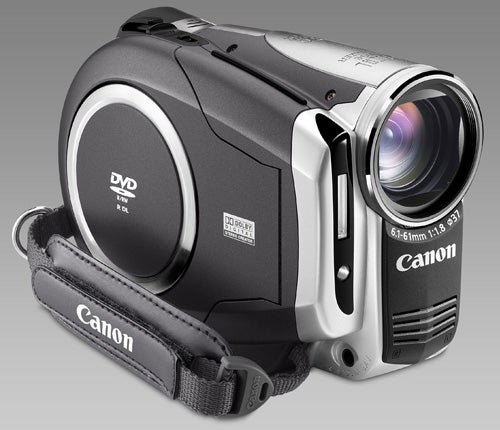Canon DC50 camcorder with lens and strap visibleCanon DC50 camcorder with wrist strap.
