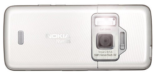Nokia N82 phone highlighting Carl Zeiss camera lens.Nokia N82 mobile phone camera side view.