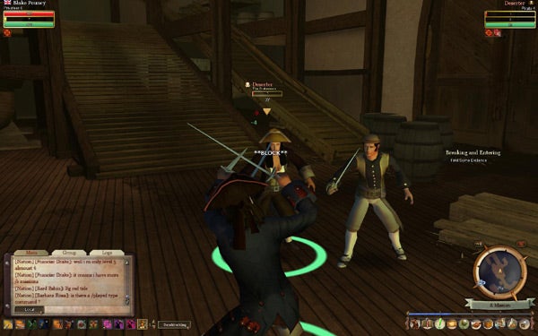 Screenshot of Pirates of the Burning Sea gameplay with combat scene.Screenshot of a swordfight aboard a ship in Pirates of the Burning Sea game.