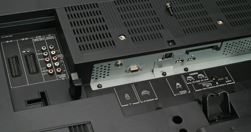Close-up of Toshiba Regza TV's rear input-output panel.Close-up of Toshiba Regza TV's rear connectivity ports.