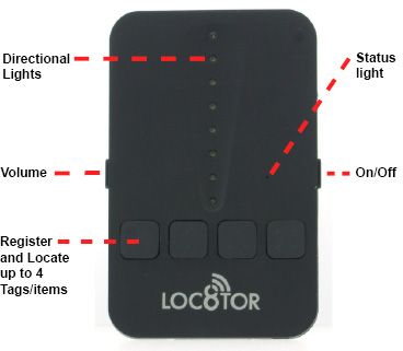 Loc8tor Lite handheld device with button labels and indicator lights.