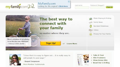 Screenshot of MyFamily.com family connection website homepage.