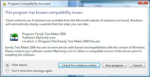 Compatibility issue alert for Family Tree Maker software.