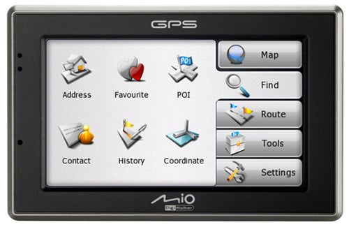 Mio C620 Sat-Nav device displaying the main menu screen.