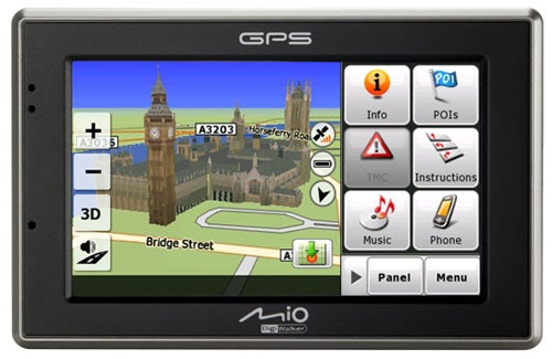 Mio C620 GPS navigator with 3D mapping interface.