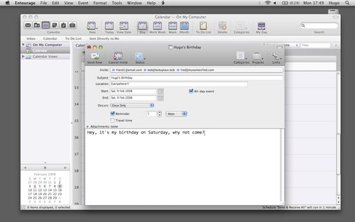 Screenshot of Microsoft Office for Mac 2008 Entourage application.