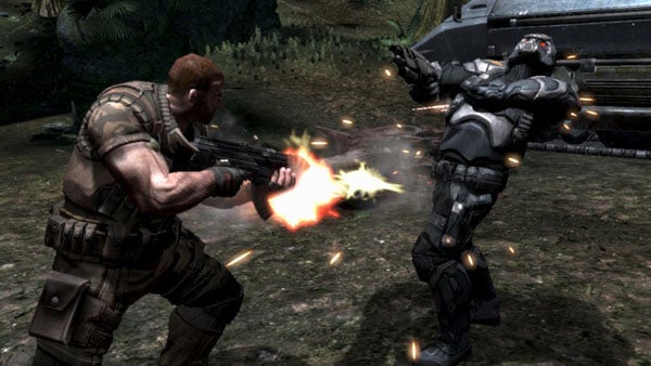 Screenshot from Turok game showing a firefight between characters.