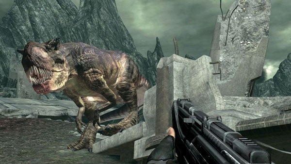 Screenshot from Turok game showing dinosaur and first-person shooter view.