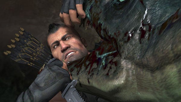Turok video game character in combat with a dinosaur.