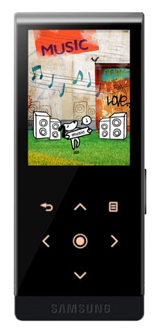 Samsung YP-T10 MP3 Player with graffiti-style music wallpaper.