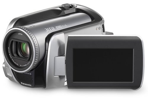 Panasonic SDR-H250 camcorder with flip-out screen displayed.