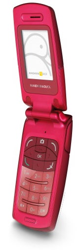 Red Alcatel Mandarina Duck flip phone open.