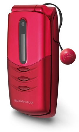 Red Alcatel Mandarina Duck mobile phone with charm.