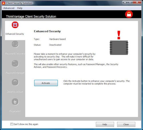 Lenovo ThinkVantage Client Security Solution software interface.