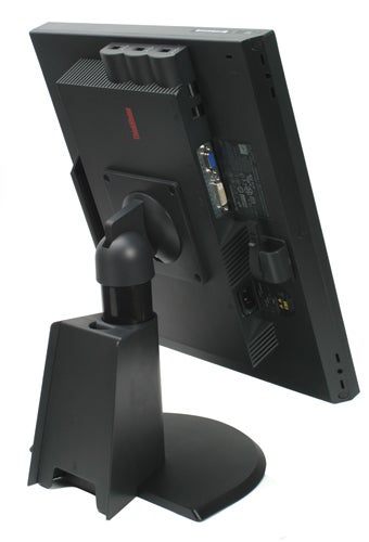 Lenovo ThinkVision monitor rear view showing ports and stand.
