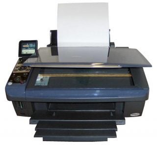 Epson Stylus DX8400 printer with paper loaded and open trays.