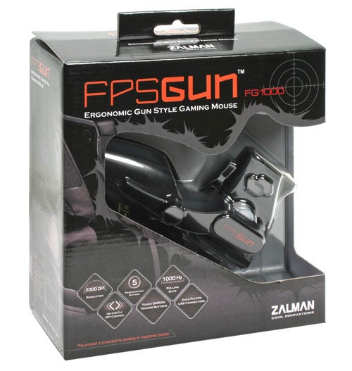 Zalman FPSGUN gaming mouse in packaging.