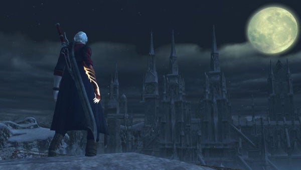 Character Dante from Devil May Cry 4 overlooking a city at night.