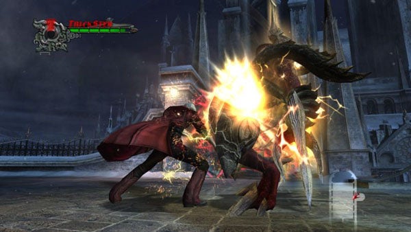 Devil May Cry 4 gameplay showing character fighting a demon.