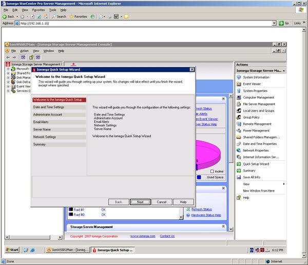 Screenshot of Iomega StorCenter Pro NAS management software interface.