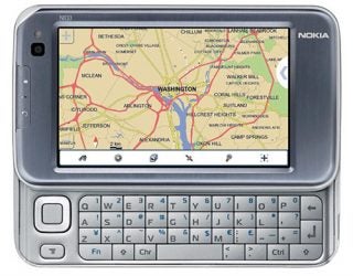 Nokia N810 Internet Tablet with map application on screen.
