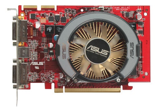 ASUS EAH3650 TOP graphics card with red PCB and gold fan.