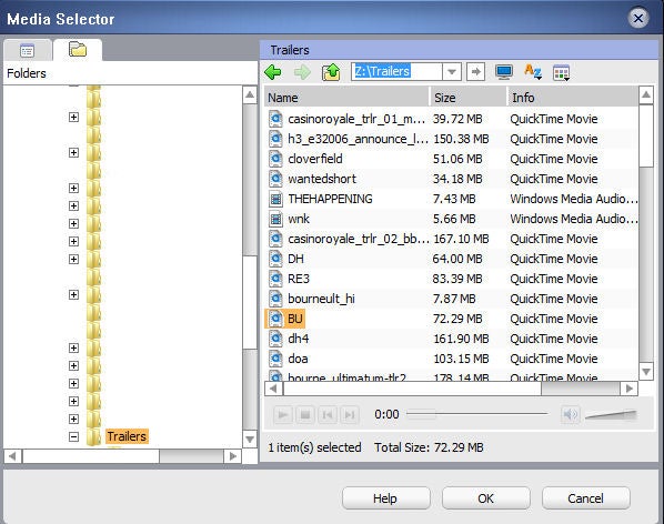 Screenshot of Roxio Crunch media selector interface with video files.