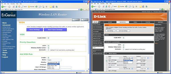 Screenshot comparing EnGenius and D-Link router interface settings.